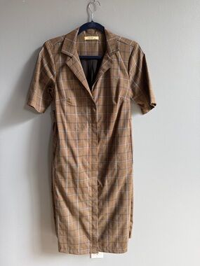 Plaid Midi Shirt Dress with Tie Waist in Brown